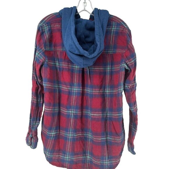 American Eagle Oversized Hooded Flannel Size S Red Blue Plaid Distressed Grunge - Picture 2 of 11